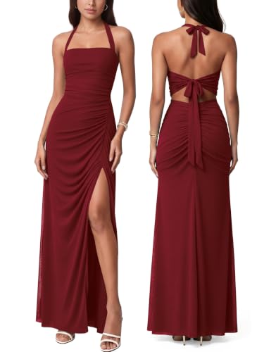 Women Sexy Halter Tie Low Back Sleeveless Split Maxi Dress Evening Party Cocktail Long Dresses for Wedding Guest, Wine Red Medium