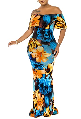 Women's Off Shoulder Maxi Dress Sexy Hawaiian Floral Long Party Dresses