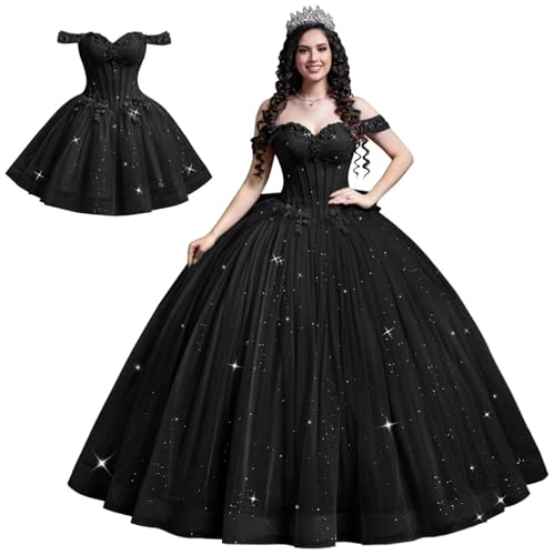Mauuwy Convertible Two Piece 3D Flowers Quinceanera Dresses Black