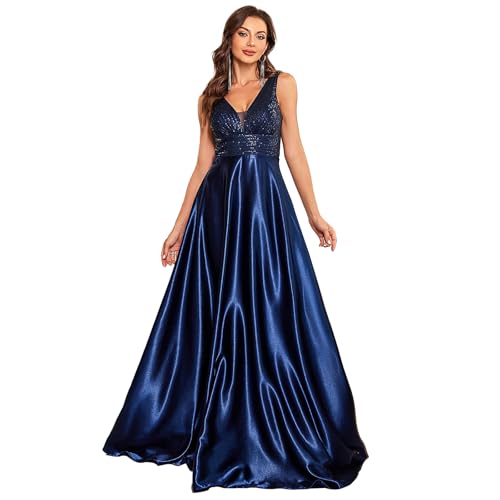 BluePlum A-Line & Backless Belted Maxi Wedding Guest Dress for Women with Sequin Embroidered, Sleeveless & V-Neck Evening Ball Gown for Wedding Guest Party, Prom & Cocktail, Navy Blue, XXL