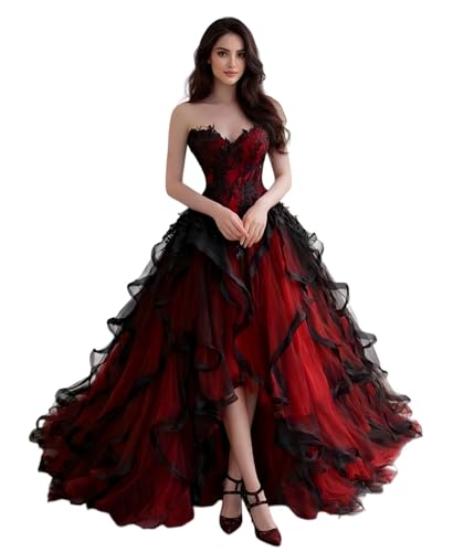 Dydsz Gothic Black Red Prom Dress for Women High Low Evening Formal Gown 6