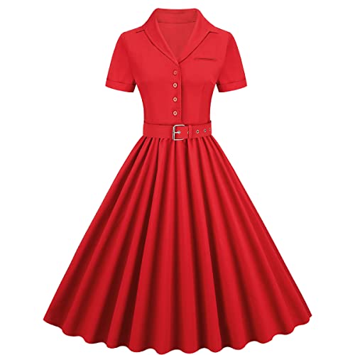 Retro 1950s Dresses for Women Vintage 50s Dress with Belt Red L