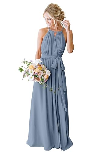 Halter Bridesmaid Dress Chiffon Dusty Blue Formal Dresses for Women Size XL