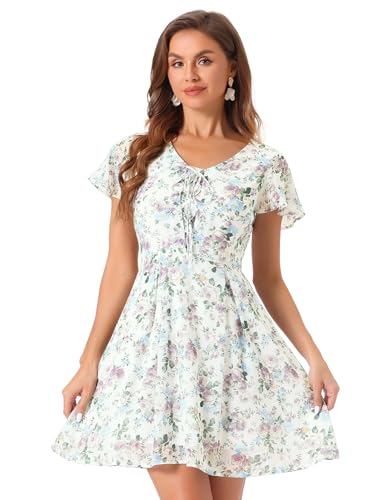 Allegra K Womens Floral Printed Flutter Short Sleeve V Neck Chiffon Dress