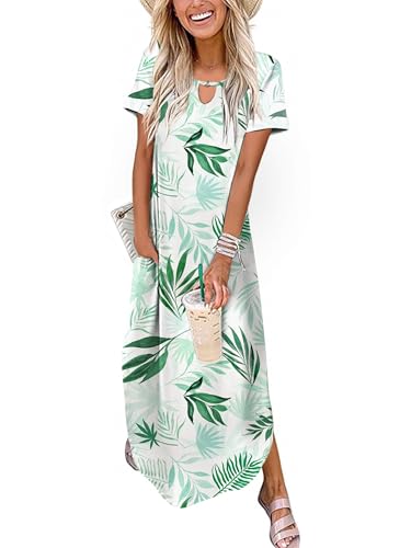 Zeagoo White-leaf-printed Women's Maxi Dress - Medium, All Seasons, Casual, Adult, V-Neck, Short Sleeve, Backless, Machine Washable
