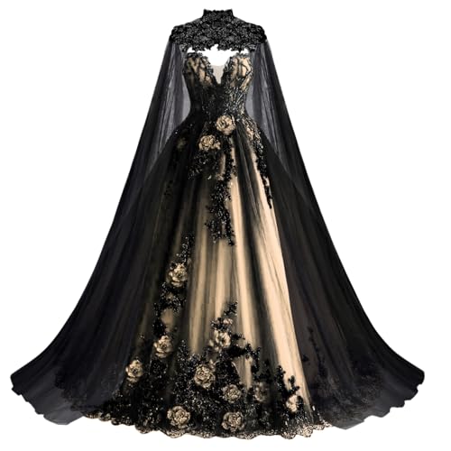 Mauuwy Champagne Gothic 3D Flowers Wedding Dresses with Cape Size 12