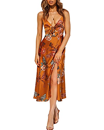 Fashionme Women Spaghetti Strap Midi Satin Dresses Tie Front Slit Cutout, Orange, Medium