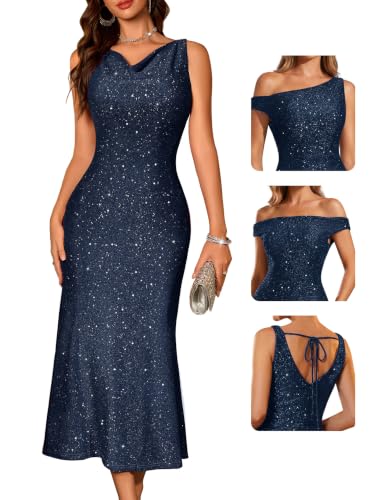 BeryLove Classic Evening Sequin Sleeveless Bodycon Long Dress 0035 Navy L