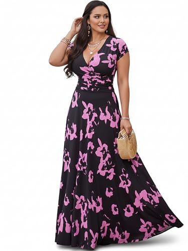 KOH KOH Womens Long Tall Floral Flower Print Pattern Short Cap Sleeve Casual Vacation Elegant Flowy Modest Spring Summer Sundress Maxi Dress Dresses Gown Gowns, Black & Purple L 12-14
