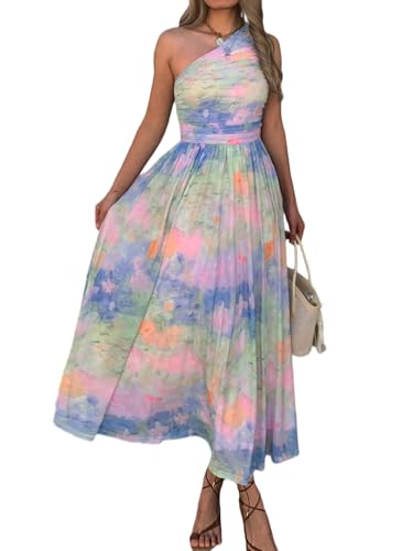Evzeiem Women One Shoulder Floral Wedding Guest Maxi Dress Purple Blue XL