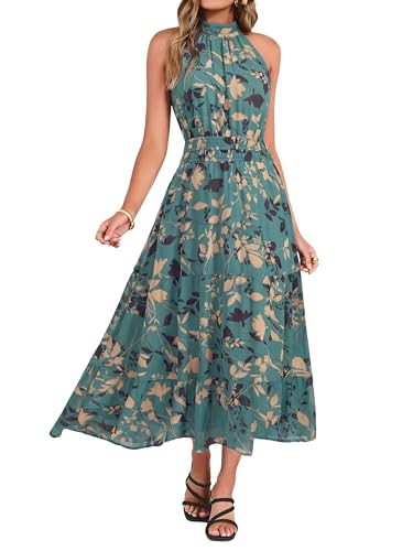Simplee Womens Summer Halter Wedding Guest Dress Maxi Floral Vacation Boho Sundresses Flowy Formal Long Travel Dresses 2026(Large,Lake Blue)
