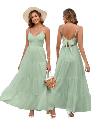 HTZMO Women Summer Floral Maxi Sundress Boho Beach Long Dress Green M