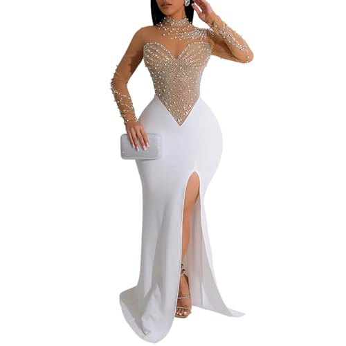 Ranfare Women's Sexy Rhinestone Dress Slit Club Party Dress Apricot, M