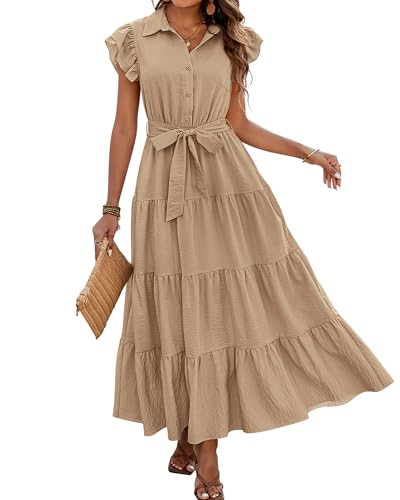 dowerme Women Ruffle Sleeve Button Belted Boho Maxi Dress,Khaki,S