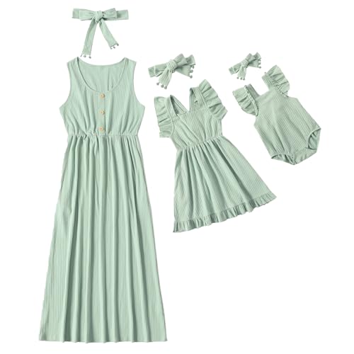 IFFEI Mommy and Me Dresses Matching Set Sleeveless Outfits with Poeckets and Headband Women XL Green Mint
