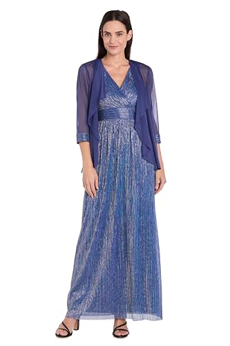 R&M Richards Women's 2-Piece Formal Dress & Cardigan Set | V-Neck Pleated Crinkle Maxi Gown |Evening Cocktail Party Baltic/Blue