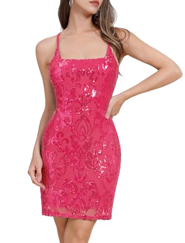 Sequin Homecoming Dresses Short Prom Dresses Women Spaghetti Straps Sparkly Sequins Bodycon Mini Dress Party Nightclub Sleeveless Backless Cocktail Tight Club Dress Hot Pink S