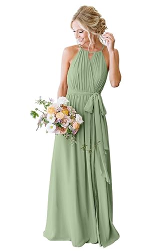Halter Bridesmaid Dress Chiffon Sage Green Formal Dresses for Women Size M