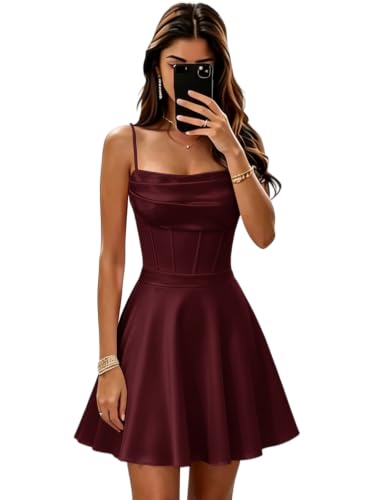Morideal Corset Satin Homecoming Dresses Short Square Neck Burgundy 2