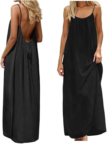 JHTK Backless Cami Dress, House Dress Backless Dress, Cami Lounge Dress House Dress Open Back Dress for Women Casual Summer (US, Alpha, Large, Regular, Regular, 01#Black)
