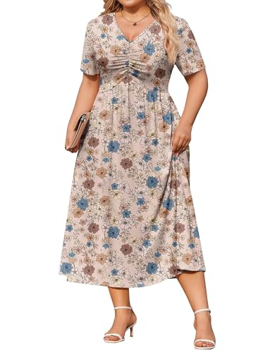 IN'VOLAND Plus Size Midi Summer Dresses for Womens Short Sleeve Dresses Floral Dress Casual Flowy Long Dress