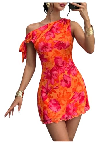 GORGLITTER Women's One Shoulder Wedding Guest Cocktail Mini Dresses Orange