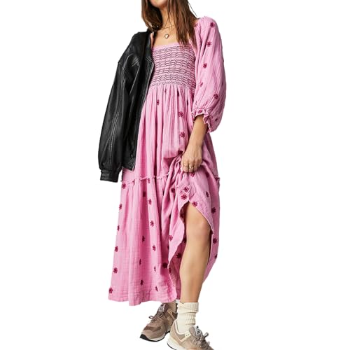 ABYOVRT Women Floral Embroidered Maxi Dress Long Puff Sleeve Square Neck Bohemian Flowy Dress with Pockets Summer Fall (Pink,L)