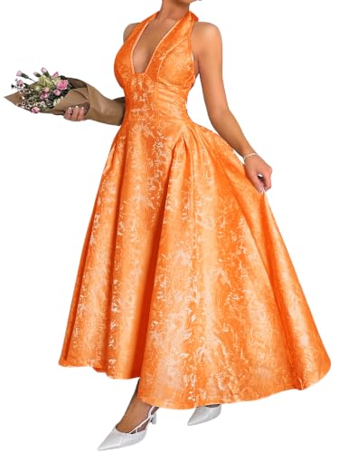 ChiaoLezhee Jacquard Maxi Dress, V Neck A Line, Wedding Guest Prom, Halter Corset Pastel Tea Party Vacation Semi Formal Garden Long Dresses for Women Drop Waist Deep Sexy Flowy, Orange, Large