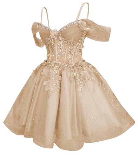 Ontoefy Sparkly Off Shoulder Tulle Homecoming Dresses for Teens 3D Floral Lace Prom Dress Girls Short DAMA Dresses Cocktail Party Dresses Champagne