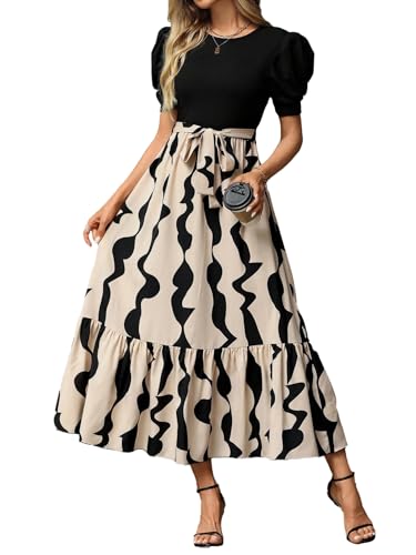 Women's Elegant Midi Dress Puff Sleeve Top with Wavy Print Skirt, Casual Party Wear (US, Alpha, 5X, Plus, Regular, Black)
