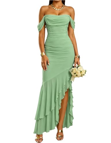 Women's Elegant Off The Shoulder Fall Wedding Guest Maxi Dress,XS,Green