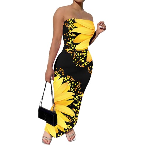 PINSV Women Maxi Strapless Dress Bodycon Tube Dresses Yellow Flower M