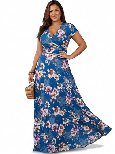 KOH KOH Womens Long Cap Short Sleeve Floral Print Full Floor Length Sexy V-Neck Spring Summer Sundress Cocktail Evening Party Sun Gown Gowns Maxi Dress Dresses, Blue Teal & Pink M 8-10