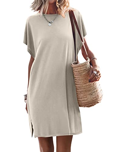 ANRABESS Women’s Summer T Shirt Dress 2026 Beach Vacation Travel Outfits Casual Simple Soft Mini Sundress Cover Up Clothes Light Gray Medium