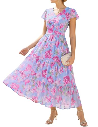 GRACE KARIN Floral Wedding Guest Dresses Sky Blue with Pink Flowers L