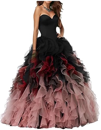 Chady Strapless Princess Quinceanera Prom Dress Long 2026 Organza Puffy Sweetheart Formal Evening Gowns Plus Size Black and Red Party Dress for Teens US20