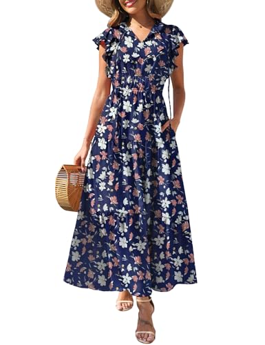 Kranda Summer Dresses for Women 2026 Short Ruffle Cap Sleeve Spring Self-tie V Neck Empire Waist Casual A Line Swing Tiered Flowy Floral Boho Maxi Dress with Pockets Navy M