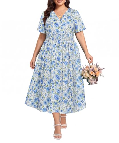 CARCOS Women Plus Size Maxi Dress V Neck Summer Beach Dress 4X Short Sleeve Wrap Sun Dress Blue White Floral Boho Dress Smocked Waist Flared Party Dress with Pockets 4XL 24W 26W