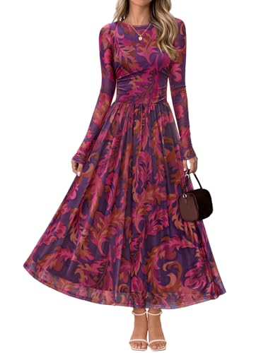 MEROKEETY Womens Long Sleeve Wedding Guest Maxi Dress, Plum, XL