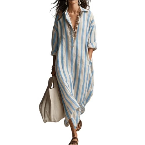 FlekmanArt Womens Striped Shirt Maxi Dress Oversizesd V-Neck Long Sleeve Kaftan Beach Dress Cover-Up Loungewear with Pockets Light Blue