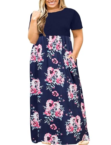 Halife 3X Dresses for Women Plus Size Maxi Office Work Casual Long Dress Flowy Loose Navy Blue