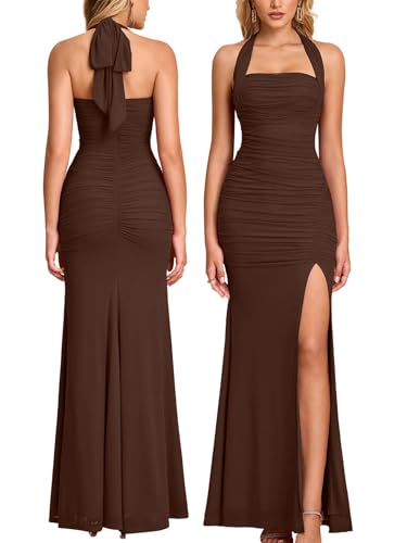 JKMNAO Women Halter Tie High Slit Wedding Guest Maxi Dress Brown