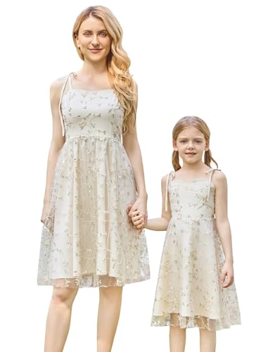 AWIBMK Mommy and Me Vintage Dress Bow Tie Shoulder Embroidery Floral A-line Mother Daughter Tea Party Holiday Dresses Beige XL