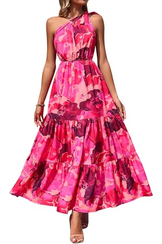 PRETTYGARDEN Women's One Shoulder Boho Maxi Dress, Rose Red Big Floral,M