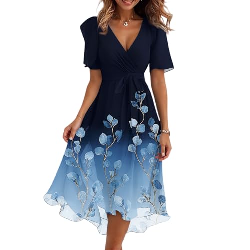 SGYCNGU Summer Dresses for Women 2026 Wrap V Neck Floral Print Ruffle Dress Short Sleeve Boho Beach Vacation Trendy Sundress(2-Navy,Medium)