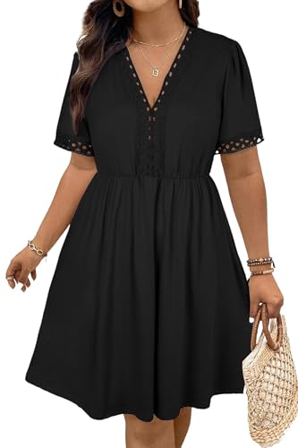 Eytino Women Plus Size Summer Dresses Casual V Neck Short Sleeve Lace Hollow Out Vacation Mini Dress,5X Black