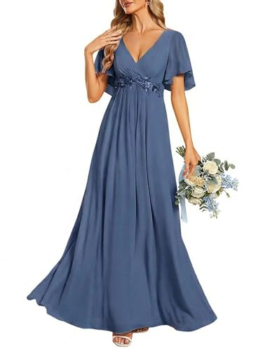 Ever-Pretty Women's Spring Short Sleeve Bridesmaid Dresses V-Neck Chiffon Ruched Empire Waist Appliques Long Formal Dress Dusty Navy US6