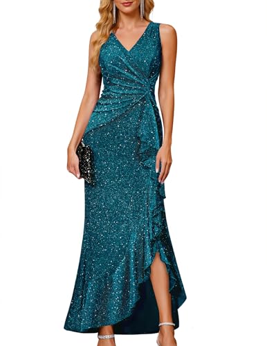 Shimmer Semi Formal Dress V Neck Ruffle Cocktail Evening Gown TealBlue L