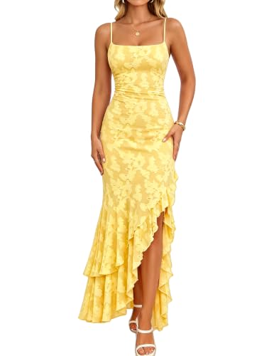 Women's Floral Mermaid Cocktail Wedding Guest Maxi Dress, XL, Yellow