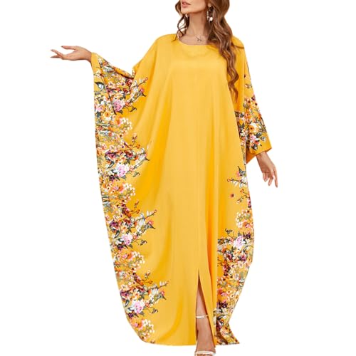 IDOPIP Abayas for Women Muslim Ramadan Dress Batwing Sleeves Floral Maxi Moroccan Kaftan Dresses Pakistani Eid Muslim Wedding Dresses Embroidery Islamic Dubai Robe Prayer Clothes Yellow One Size